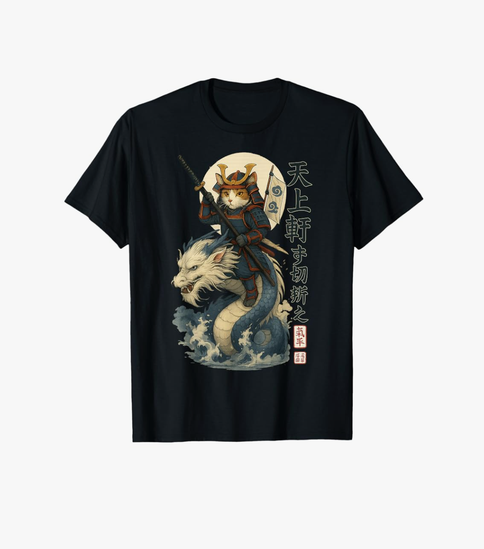 Samurai Cat Warrior Riding Sea Dragon Men Women Kids T-Shirt Size L