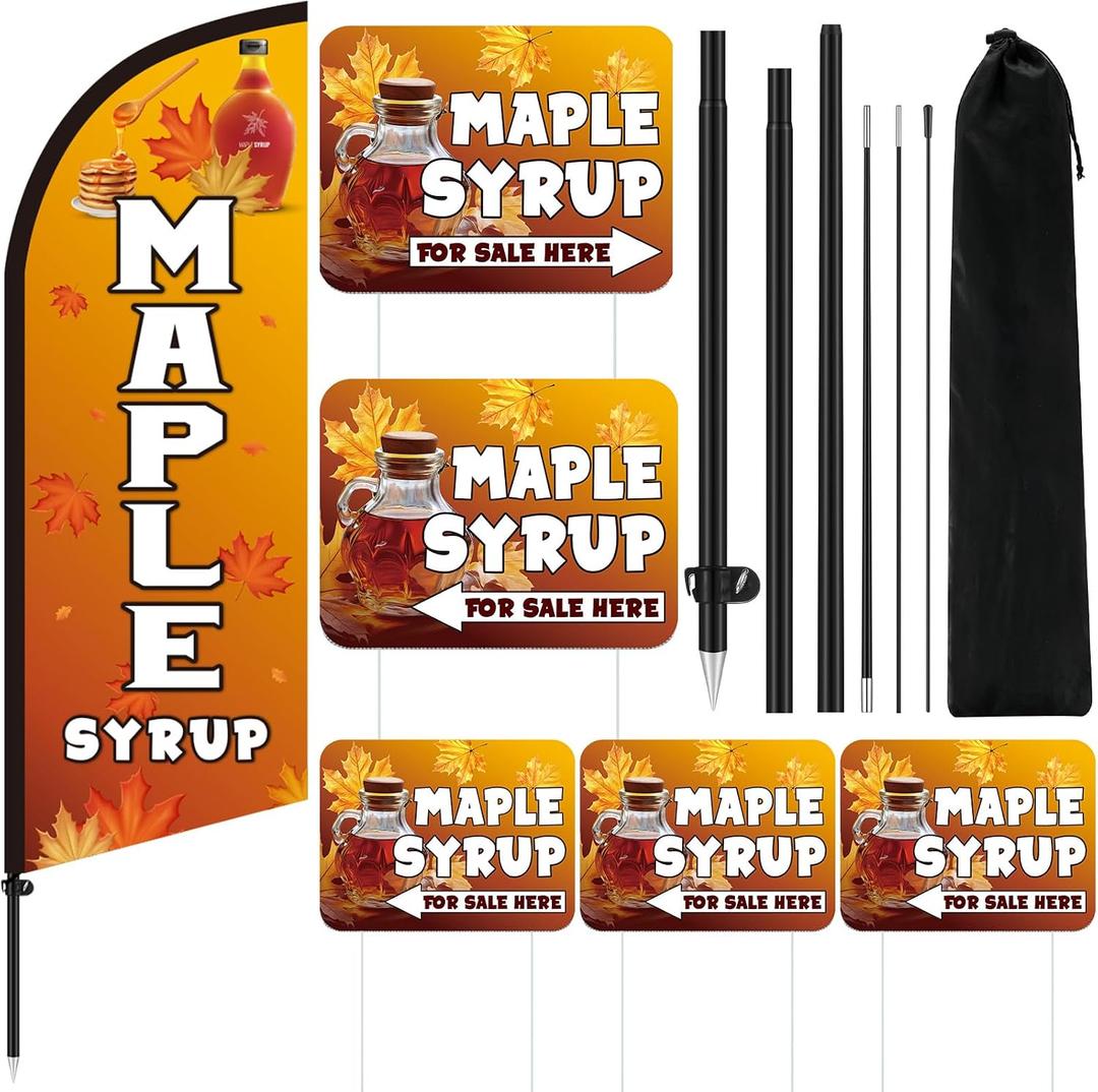 Tegeme 6 Sets 7ft Maple Syrup Advertising Flag Pole Kit Include Maple Syrup Feather Flag with Pole, 11.8 x 15.8 Inch Double-sided Yard Signs with Ground Pegs for Business Advertising Activities