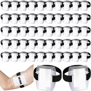 Meanplan 50 Pcs Arm Badge Holder Armband ID Badge Holder Bulk Visibility PVC with Adjustable Belt Elastic Armband Clear Name Tag for Work Pass, Postcards, Universal Size (Black)