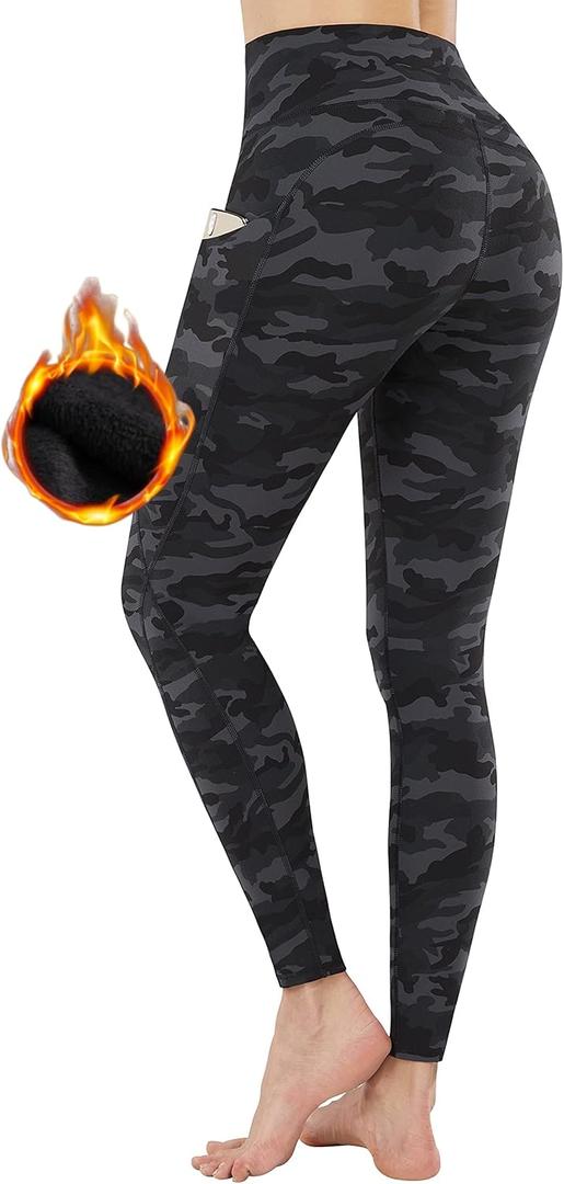 PHISOCKAT Women's Fleece Lined Leggings High Waisted Water Resistant Winter Thermal Warm Yoga Pants with Pockets (3X-Large)