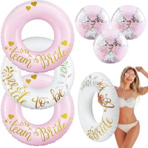 6 Pcs Bachelorette Pool Floats 36 Inch Team Bride Inflatable Ring Tubes 16 Inch Bride Beach Balls Pink and White Bachelorette Party Decorations for Bridal Shower Stagette Engagement Summer