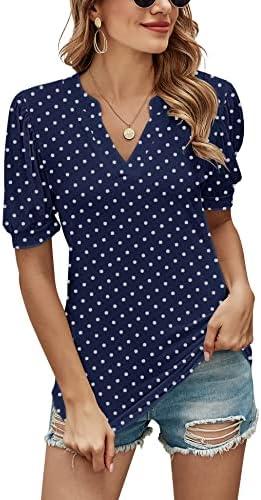 Romanstii Women Casual V-Neck T-Shirts Loose Puff Short Sleeve Tops Tunic Blouses, Medium
