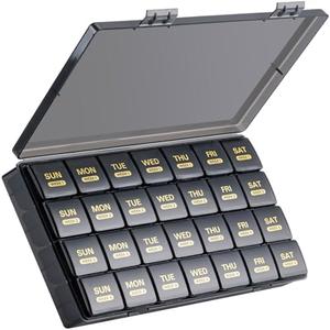 Monthly Pill Organizer, 28 Day Pill Box 1 Time a Day with Dust-Proof Case, Large 4 Weeks a Month Pill Case Container, Daily Vitamin Case Box for Pills/Medicine/Fish Oil/Supplements（Black）