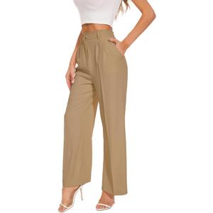 Women's Wide Leg High Waist Wide Leg Pants Loose Fit Back Elastic Waist Pleated Front Trousers for Work Casual (Khaki) Small Long