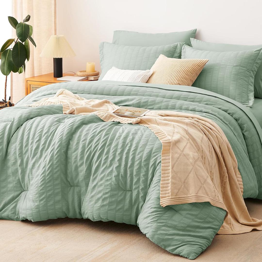 CozyLux King Size Comforter Set Sage Green Seersucker 7 Pieces Bed in a Bag King Comforter Set with Sheets, Luxury Bedding Set with Down Alternative Comforter, Sheets, Pillowcases & Shams All Seasonss