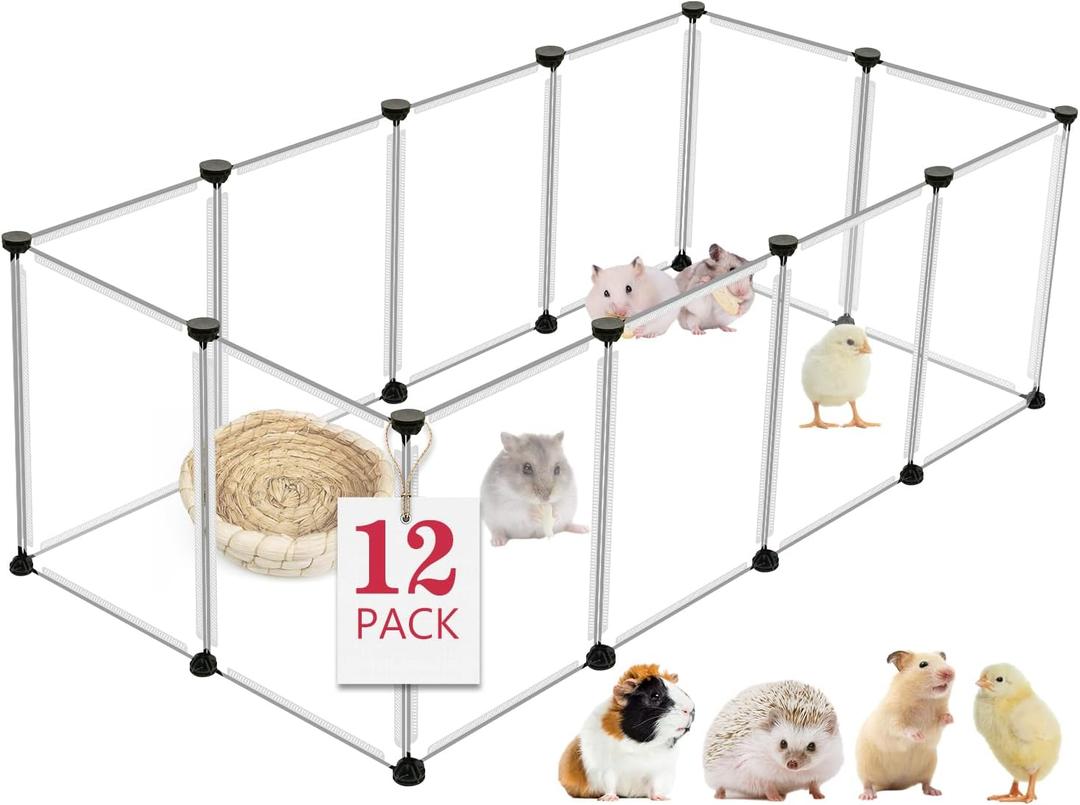 12 Panels Transparent Small Animals Playpen,48" x 24" x 16" Portable Pet Playpen,Plastic Enclosure,Puppy Play Pen for Indoors Outdoor Pet Fence for Guinea Pigs,Bunny,Ferrets,Hamsters,Hedgehogs