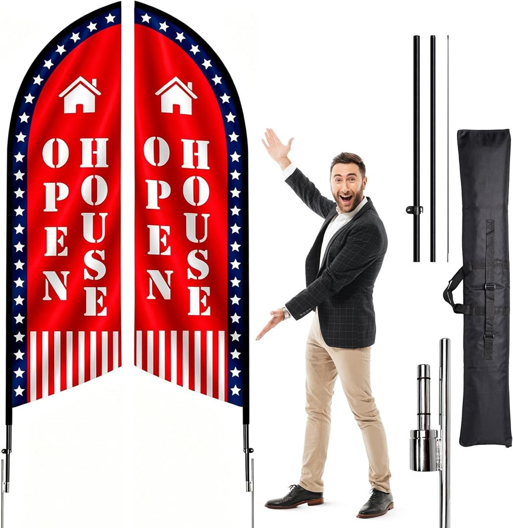 Upgraded 9.3ft Tall Open House Signs for Real Estate, Large Red Open House Feather Flag/Double-Sided Design, Patriotic Open House Banner for Realtor Supplies, with FlagPole,Flag,Ground Stake,Bag