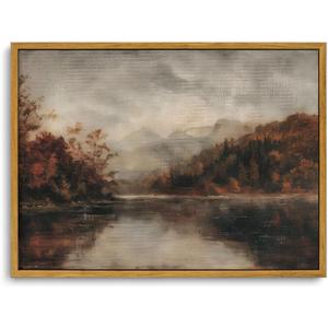 KISSFOX Vintage Framed Wall Art Decor Rustic Fall Landscape Pictures Wall Decor Moody Autumn Lake Scenery Canvas Art Prints Modern Farmhouse Paintings Artwork For Bedroom Kitchen Living Room, 24"L x 16"W