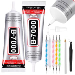 B7000 Adhesive Rhinestones Glue for Crafts, 2PCS 110ml / 3.7 fl oz with 5 Dotting Pen Tool, Wax Pencil and Tweezer, Jewelry Glue for DIY Craft, Makeup, Shoes, Jewelry Making, Nail Art