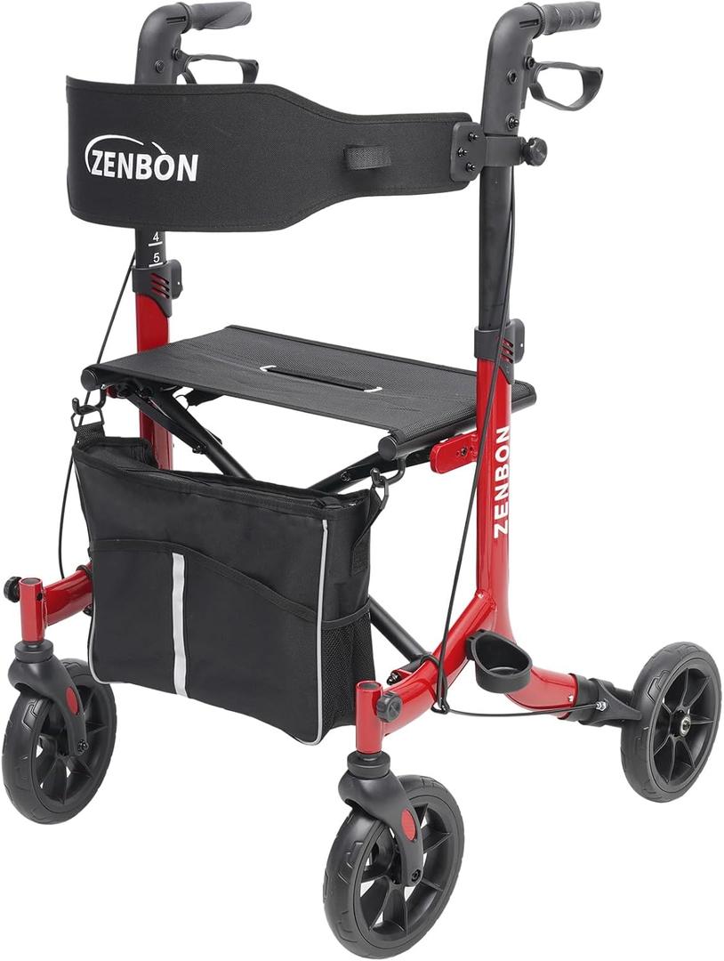 Rollator Walker for Seniors/Adults Foldable Rolling Walker with Seat 330 lbs Capacity 4 Big 8 inch Wheels Hand Grips Adjustable Height Lightweight Aluminum Walker Removable Back Support 7209(Red)