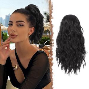 FESHFEN Ponytail Extensions - Drawstring Ponytails Hair Extension Short Curly Wavy Hair Piece Synthetic Black Pony Tail Hairpieces for Women, Natural Black 12 inch