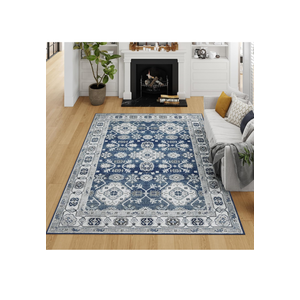 VK VK·LIVING Machine Washable Rug 5'x7' Vintage Design Washable Area Rugs with Non Slip Rugs for Living Room Bedroom Traditional Woven Rug Carpet Stain Resistant Home Decor Office Boho Rug (Navy)