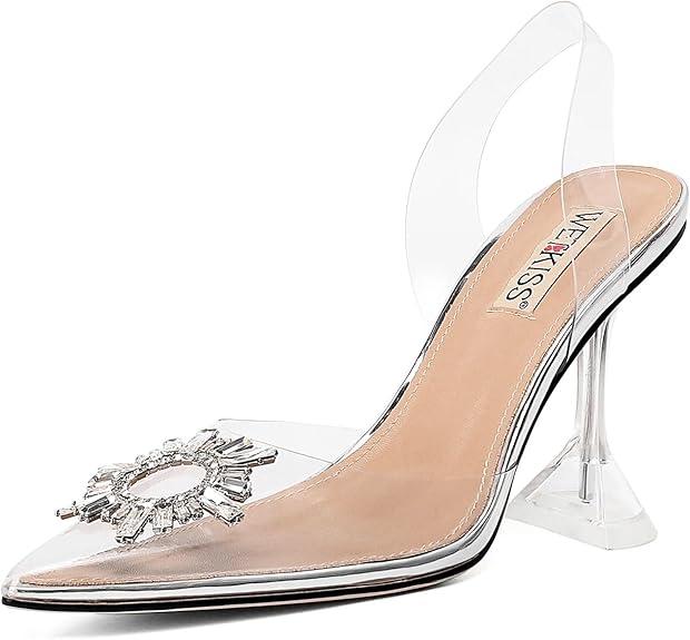 wetkiss Silver Heels for Bride - Sparkly Wedding Heels with Rhinestones, Strappy Closed Toe Pumps for Women, Formal Shoes, Size 6