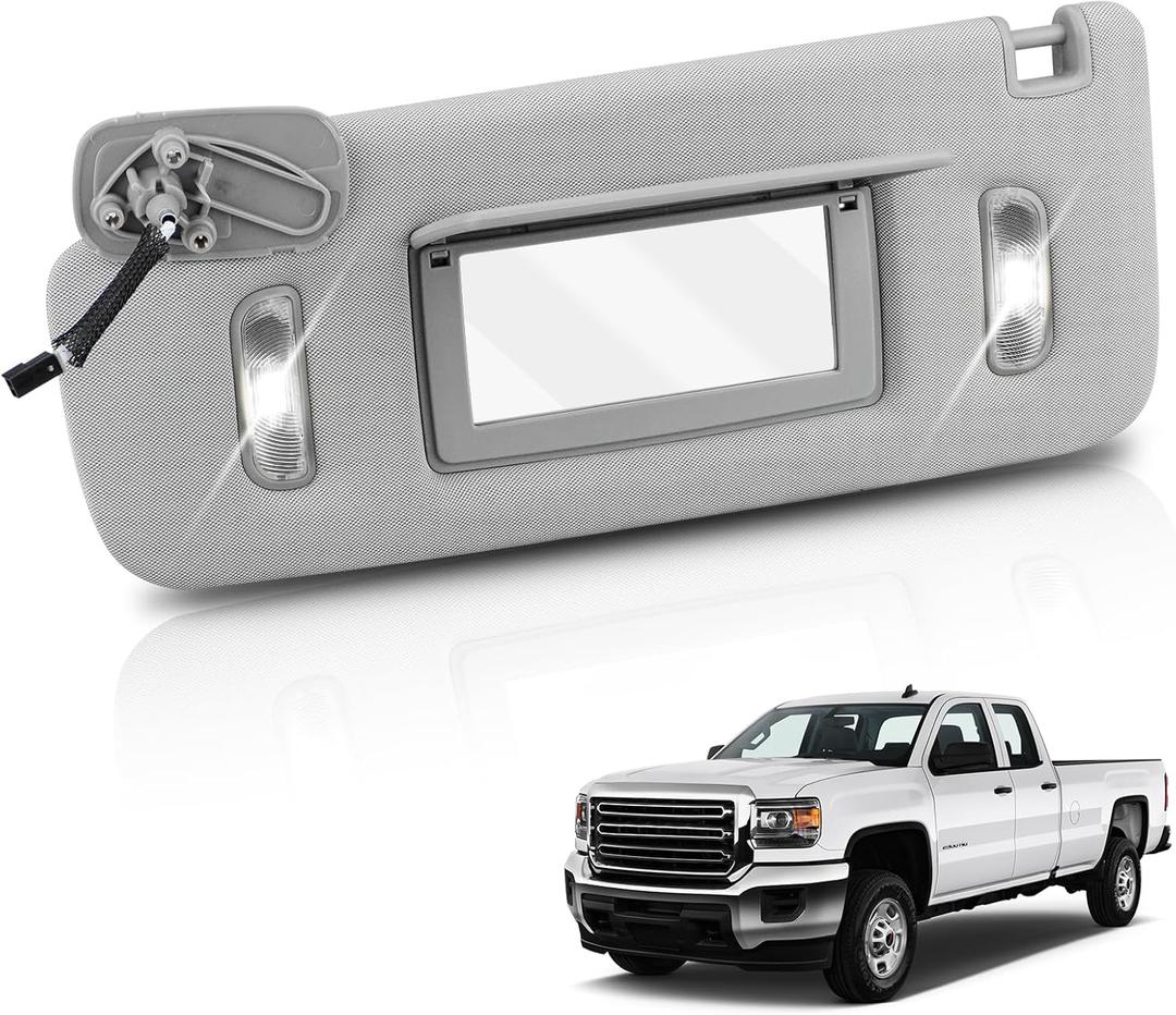 Left Driver Side Sun Visor with Lighted Mirror Compatible with 2014-2019 Chevy Silverado & GMC Sierra - Replace# 23459655, Gray