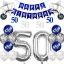 3 x 50th Birthday Decorations Kit with 32 Inch Number 50 Foil Balloons, Silver Swirl Decorations, Happy Birthday Banner & Star Foil Balloons for Golden Birthday Party