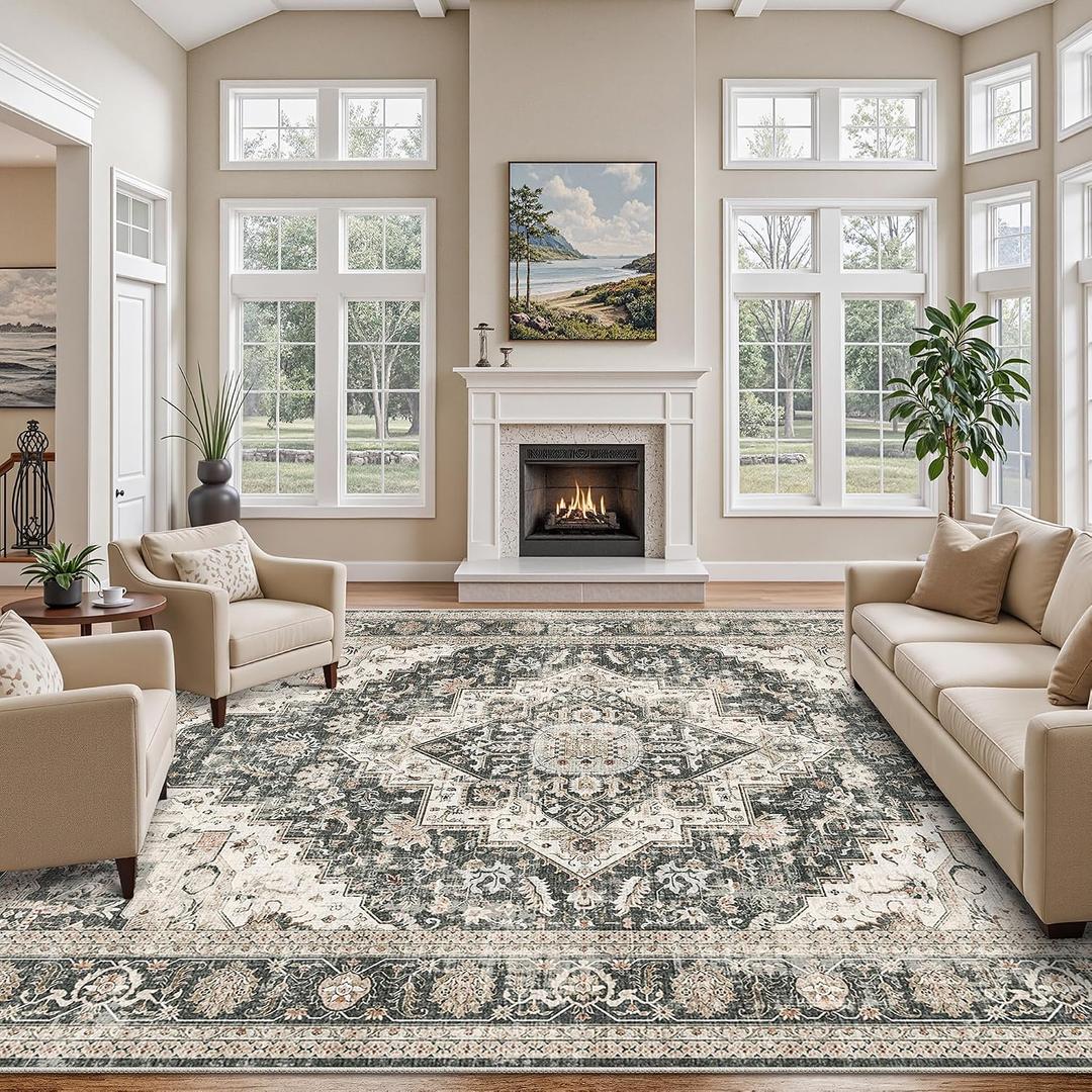Roxstand Washable Rugs 9x12, Large Area Rugs 9x12 Living Room with Non-Slip Backing, Super-Soft Floral Vintage Rug, Low Pile Area Rug for Bedroom, Dining Room, Office (Black/Beige, 9'x12')