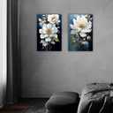 Flower Canvas Wall Art 2 Piece Navy Blue Gold and White Flower Picture Prints Floral Bloom Paintings for Bedroom Living Room Office Decor Framed(Flower,16.00" x 24.00" x 2PCS)