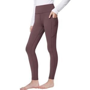 baleaf Girls' Fleece Lined Leggings Thermal Compression Tights with Pockets | Winter Warm Compression Pants, High Waist and Wide Waistband for School Kids Youths, Ideal for Athletic Yoga in Cold Weather (Brown, M)