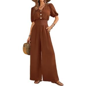 LOOKBOHO Women's Jumpsuits Short Sleeve V Neck Dressy Casual Wide Leg Pants Romper 2026 Summer One Piece Outfits (Large, Brown)