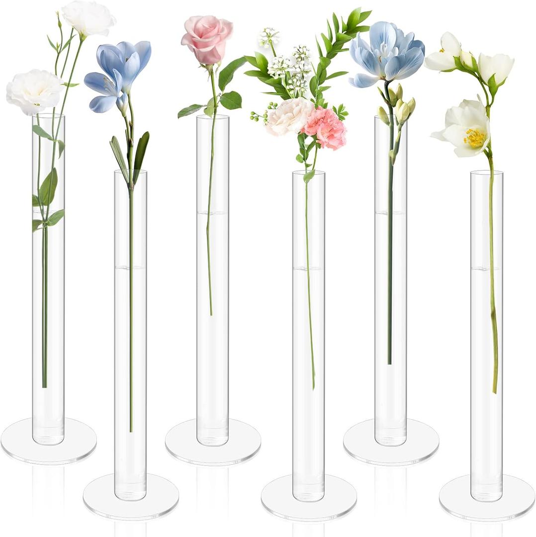 6 Pcs Cylinder Bud Vases for Centerpieces, 7.9" Acrylic Clear Small Tall Slim Flower Vases for Single Rose, Home Aesthetic Wedding Table Decorations for Party Desk Decor