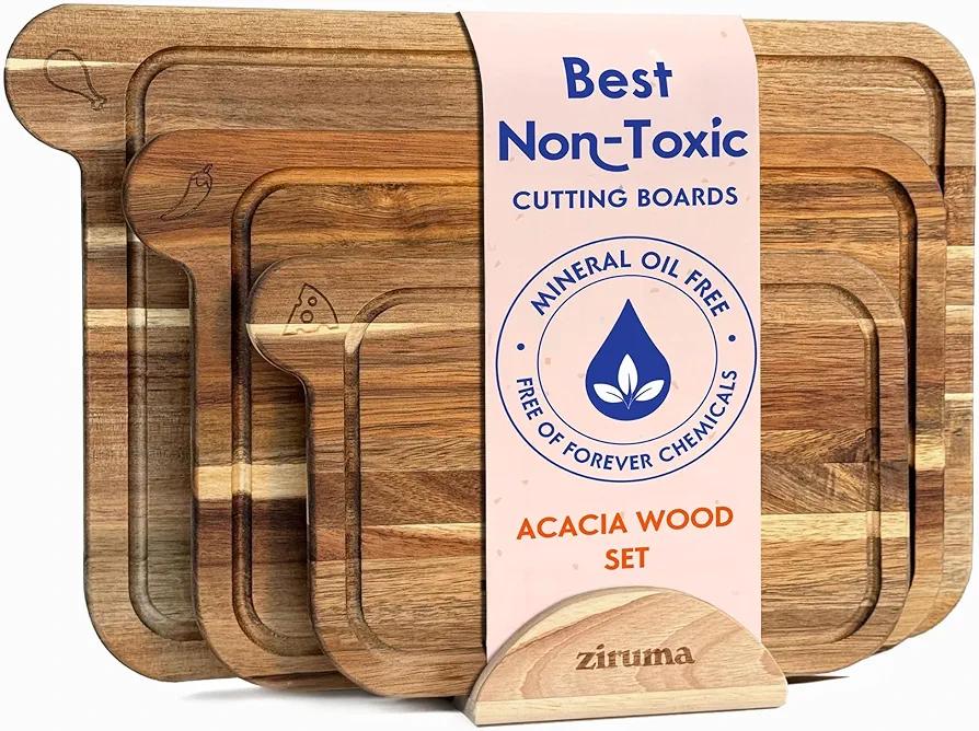 Ziruma Non Toxic Cutting Boards with Holder - Cutting Board Set Free of Mineral Oil, Made of FSC Acacia Wood - Cutting Boards for Kitchen - Includes 3 Chopping Boards + Holder