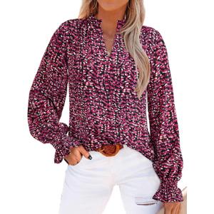 MASCOMODA Womens V Neck Floral Long Sleeve Tops 2025 Summer Casual Loose Puff Sleeve Chiffon Boho Work Blouse Dressy T Shirts (Medium, Black Red)