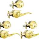3 Pack Keyed Alike Lever Set with Single Cylinder Deadbolt, Reversible Wave Style Polished Brass Lockset, Lever Door Handle with Key and Lock for Bedroom, Front Door