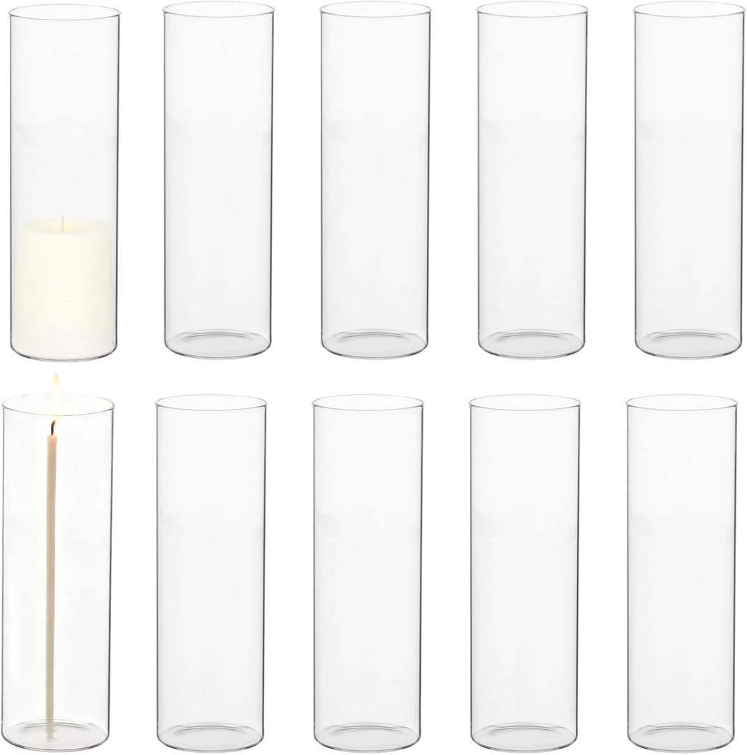 10 Pcs Hurricane Glass Candle Holders, 2.6 x 7.9 in Clear Open Ended Cylinder Candle Holder Sleeve, Versatile Glass Vase for Taper Candles, Weddings, Parties & Home Table Centerpiece Decor