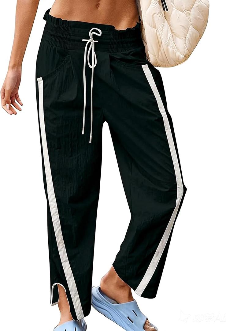 Track Pants Women Baggy Wide Leg Barrel Pants Casual Drawstring Elastic Workout Y2K Contrast Color Pant L