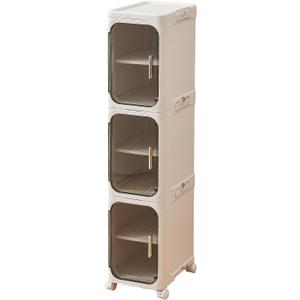 3-Tier Narrow Storage Cabinet with Magnetic Doors and Shelves, Plastic Slim Bathroom Organizers and Storage with Wheels for Small Spaces Bathroom, Kitchen, Laundry Room, White