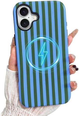 TKJSQ Magnetic for iPhone 16 Phone Case, Cute Striped Pattern Aesthetic Gloss Design, Stylish Shockproof Soft TPU and Hard PC 2-in-1 Protective Cover for iPhone 16, Blue Green