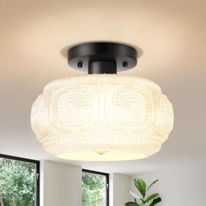 Semi Flush Mount Ceiling Light, Milk Glass Shade Modern Ceiling Light Fixture, Vintage Black Lighting for Hallway Bedroom Entryway Kitchen Porch (9.38 inch)