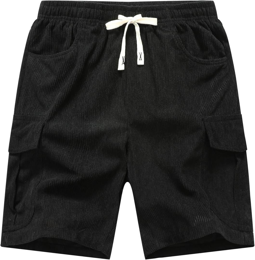 Boy's Corduroy Hiking Cargo Shorts Lightweight Workout Shorts with Multi Pockets (Black)