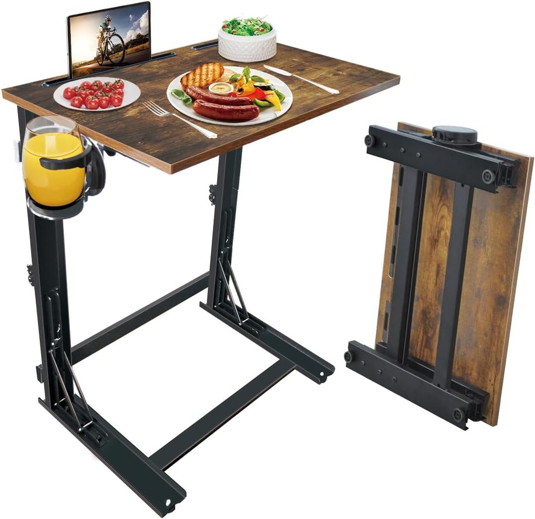 YIBOLIN'S Folding TV Tray Table, Heavy Duty Sturdy C-Shaped End Table for Couch, Extra Stable TV Dinner Tray with Cup Holder, Sofa-Side Laptop Desk for Living Room/Bedroom, No Assembly [Rustic Brown], 15.35 inches x 23.23 inches x 28.35 inches