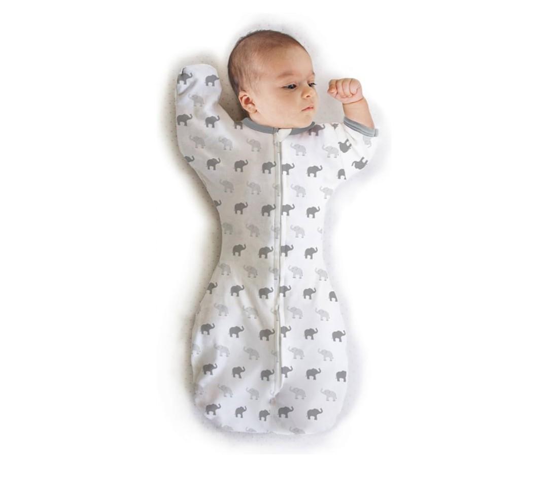 Amazing Baby Transitional Swaddle Sack with Arms Up Half-Length Sleeves and Mitten Cuffs, Small, 0-3 months, 6-14 lbs, Tiny Elephants, Sterling (Arms Up Swaddle, Transition Swaddle Sleep Sack), S