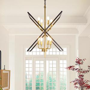 Black and Gold Chandelier, 8-Light Industrial Farmhouse Ceiling Pendant Light Fixtures, Modern Foyer Lighting Fixtures, Large Chandeliers for High Ceilings, Pendant Lights Kitchen Island for Entryway