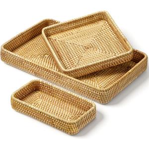 3 Pack Rattan Serving Tray, Woven Rectangular Storage Baskets, Natural Wicker Decorative Serving Baskets, Natural Woven Tray for Home Decor, Bathroom, Kitchen Counter