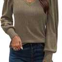 HOTOUCH Women's Knit Shirt Soft Puff Long Sleeve Blouse Tops Lightweight V Neck Tunic XS-XXL (L)