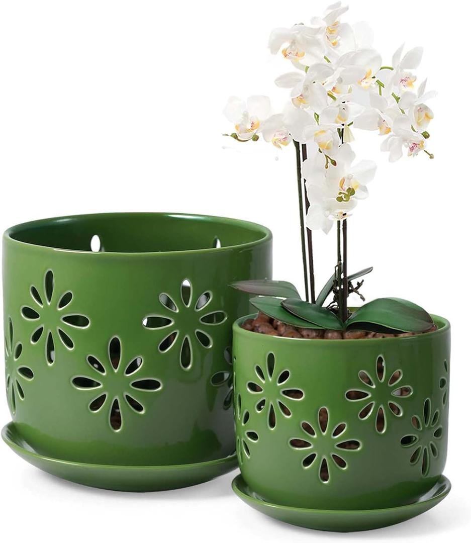 EFISPSS Orchid Pots with Holes,5+6 Inch Ceramic Plant Pots with Drainage Holes and Tray,Enhanced Drainage and Ventilation,Flower Pots for Indoor/Outdoor Plants for Repotting - Green 