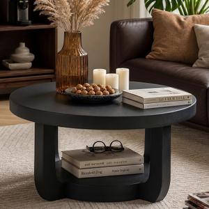 Round Coffee Table, 2-Tier Circle Coffee Table with Storage (Black)