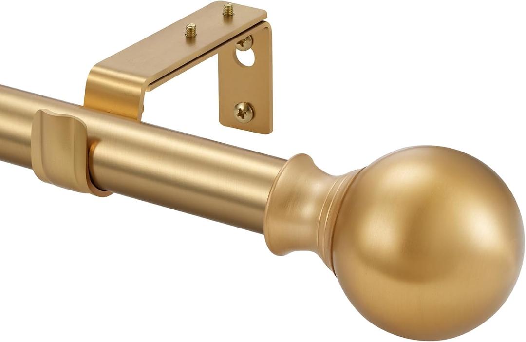 Window Curtain Rods 28 to 48 Inches, 1 Inch Diameter Adjustable Drapery Rod, Decorative Heavy Duty Curtains Rod with Fancy Round Finials for Living Room, Bedroom, Patio, Brushed Gold