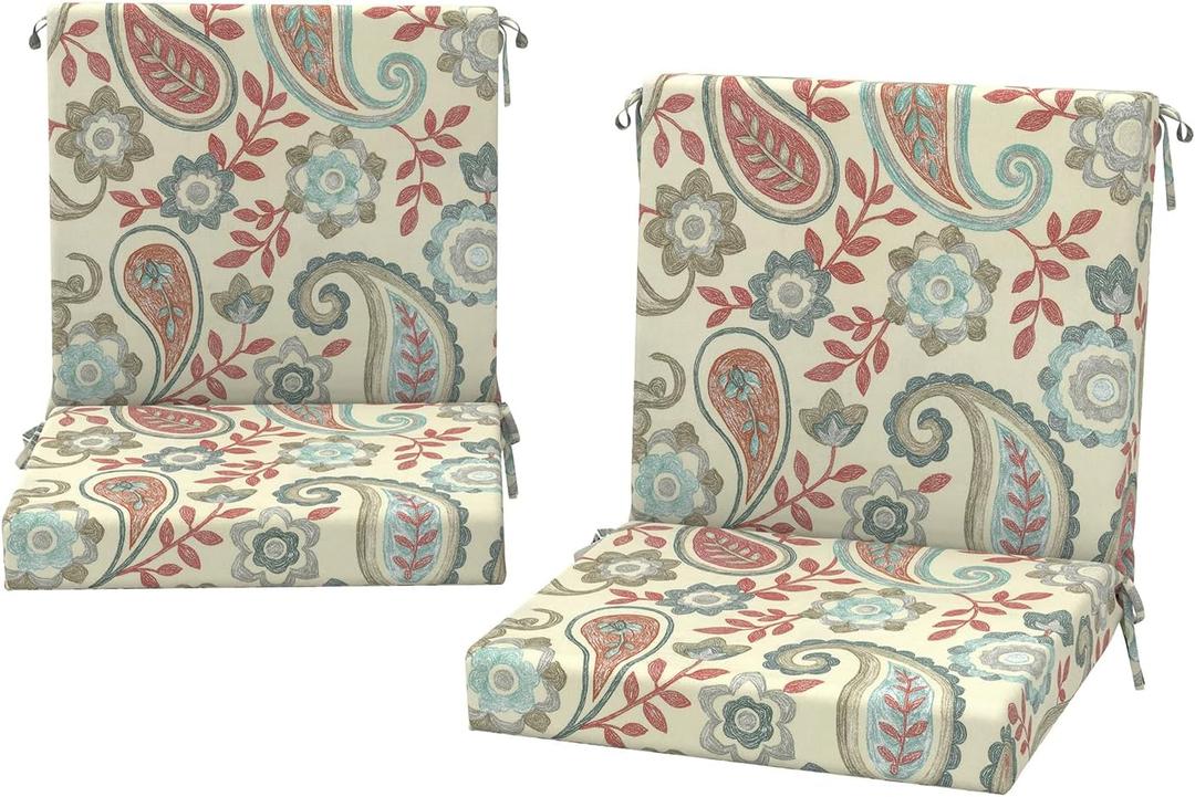 DYTXIII Outdoor Midback Chair Cushions Set of 2-20"x17" Water Repellent & Fade-Resistant Patio Seat Cushions with High-Resiliency Foam, Non-Slip Ties for Dining, Balcony Furniture-Paisley Vintage