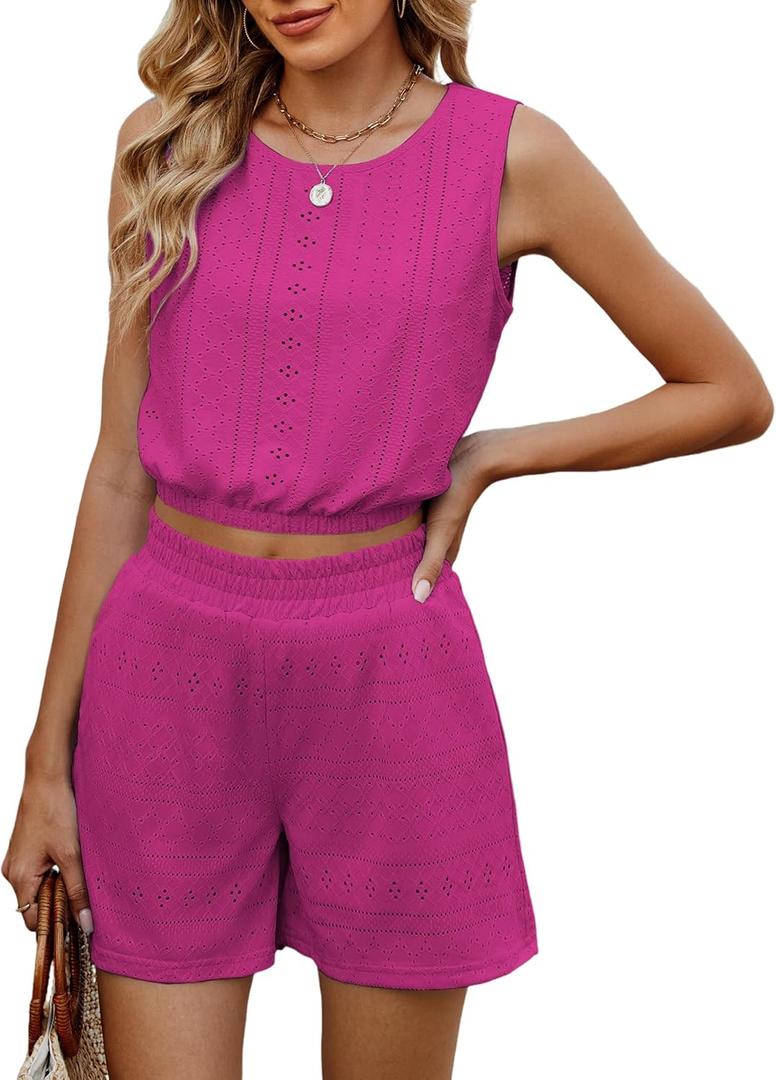 Two Piece Sets for Women Summer 2025 Cute Vacation Short Sets Sleeveless Crop Tank Top High Waisted Shorts Outfits Pocket (Medium, Rose Red)