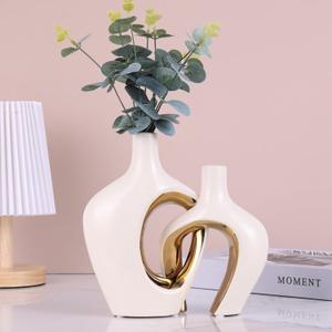 Off White and Gold Ceramic Vase Set of 2 - Minimalist Round with Holes Bohemian Decor Aesthetic Vase for Living Room, Dining Table, Entryway, Coffee Table Centerpiece Decor (Beige Gold)
