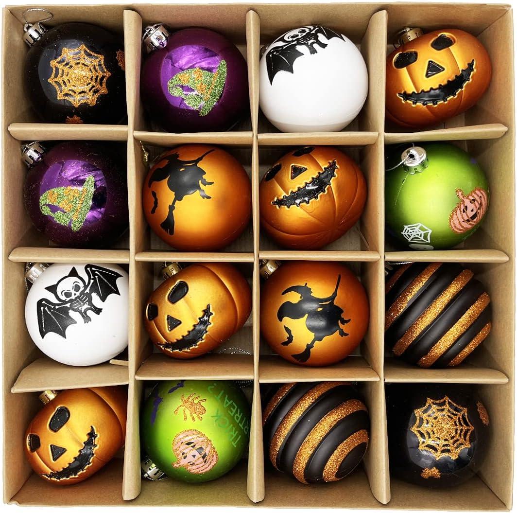 Halloween Ornaments Tree Decorations, Naughty Pumpkin Themed 16ct 80mm Ornaments, Shatterproof Decorative Hanging Assorted Ornament for Holidays Party Halloween Christmas Decor and Events
