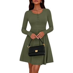 BTFBM Casual Fall Dresses for Women 2025 Long Sleeve Ribbed Button Down Empire Waist A Line Winter Wedding Guest Dress (Green, M)