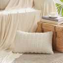 Fancy Homi Cream Lumbar Decorative Throw Pillow Covers 14x24 Inch for Living Room Couch Bed Sofa, Rustic Farmhouse Boho Home Decor, Soft Striped Corduroy Rectangle Cushion Case 35x60 cm