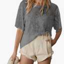 No Brand Women Summer Sexy Mesh Tops Fashion Casual Round Neck Lace Printed Floral Sheer Blouse See Through Shirt Medium