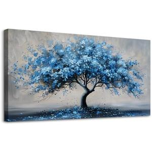 KELIYUAN Canvas Wall Art For Living Room Framed Wall Decorations For Bedroom Office Wall Decor Abstract Painting Blue Tree Pictures Artwork Ready To Hang Guesthouse Room Mural Home Decor 20x40 In