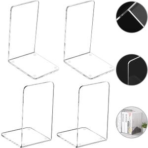 Lulonpon 4 Pieces Book Ends, Bookends, Books End for Shelves, Books End for Heavy Books, Clear Bookends, Acrylic Book Ends for School, Library,Desktop Organizer and Book Shelves